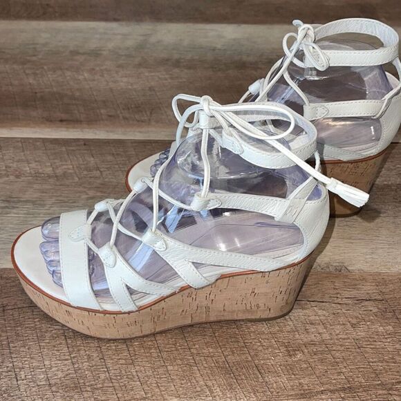 Frye Womens Heather Lace Up Tassel Cork Wedge Gladiator Sandals White Tan Size 6 - Picture 3 of 11
